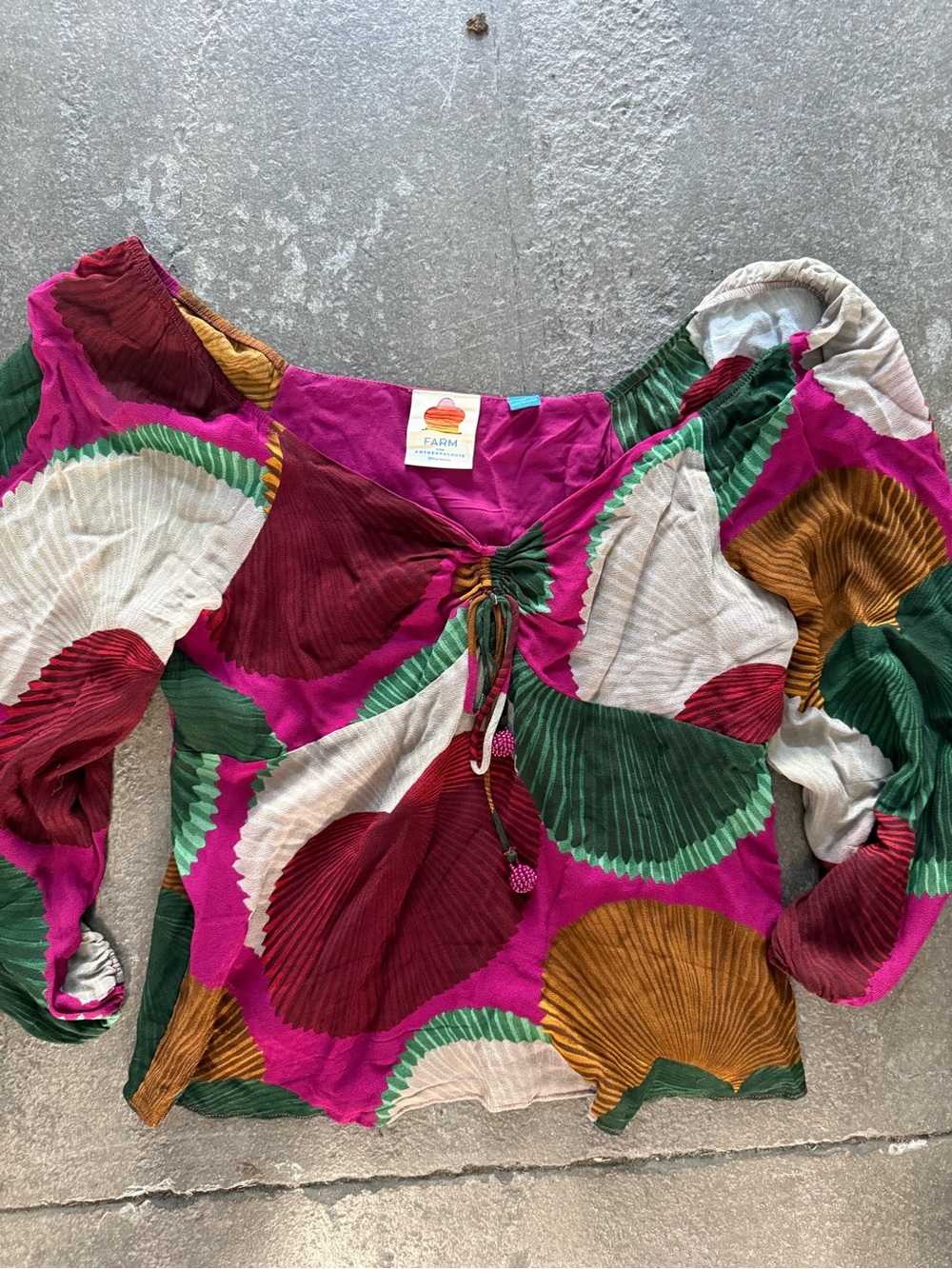 FARM Rio Fuchsia Pleated Long Sleeve Blouse with Green & Mustard Fans